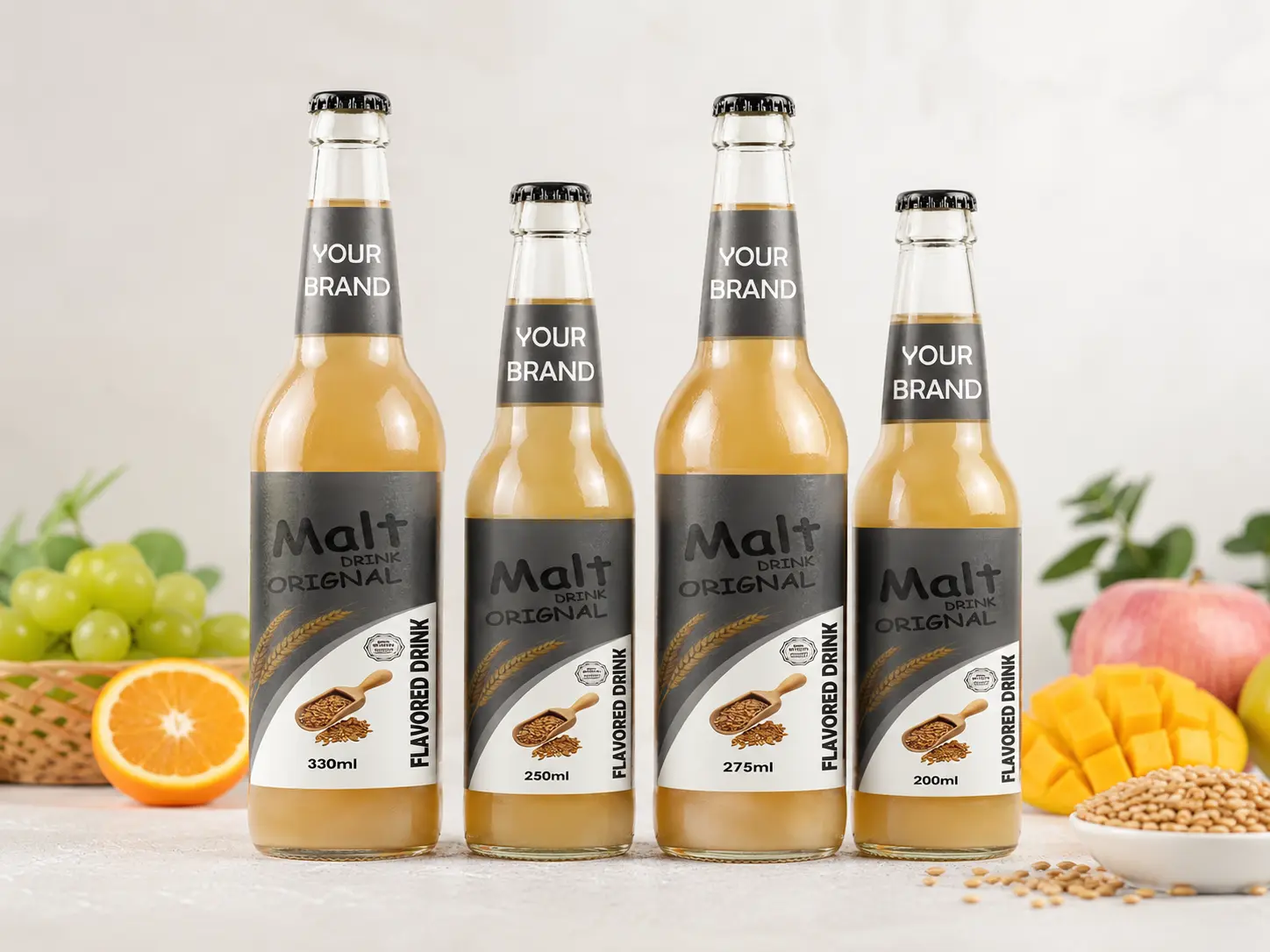 MALT DRINK Original flavour in 330ml, 250ml, 275ml, and 200ml glass bottles.